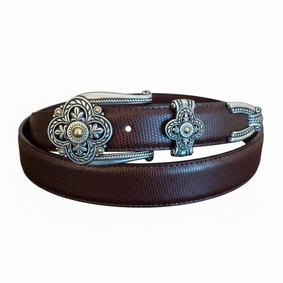 Brighton Accessories - Brighton Vtg Belt Brown Leather Silver Hardware Y2K Western‎ Sz M 30 Rodeo 1990s
